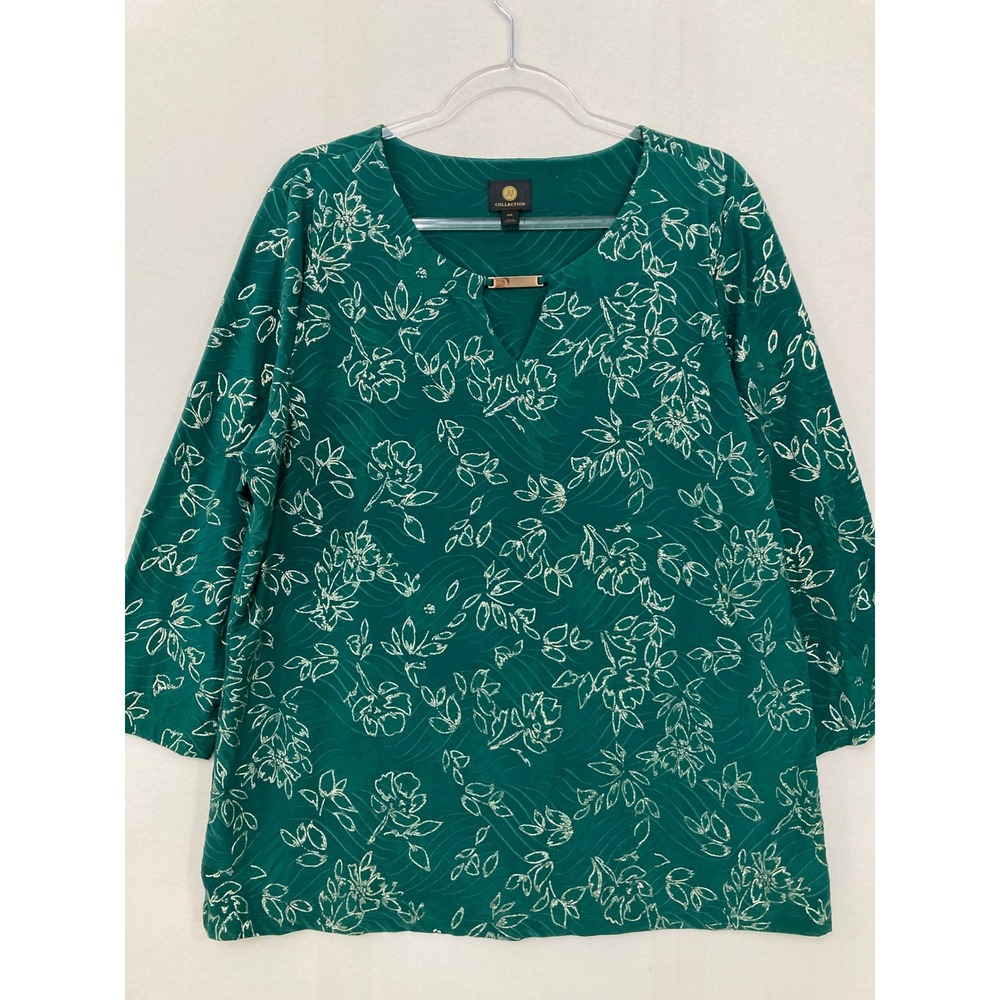 JM Collection Floral Top XXL Green 3/4 Sleeve Split Neck Gold Hardware Stretch